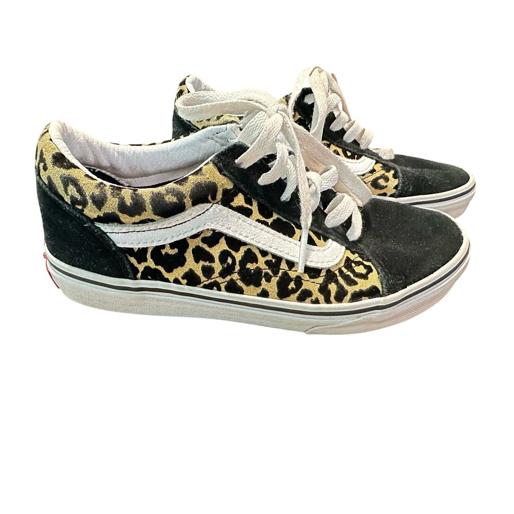 Vans Old Skool Leopard Print Suede Canvas Sneakers Kids Black Gold Low Top